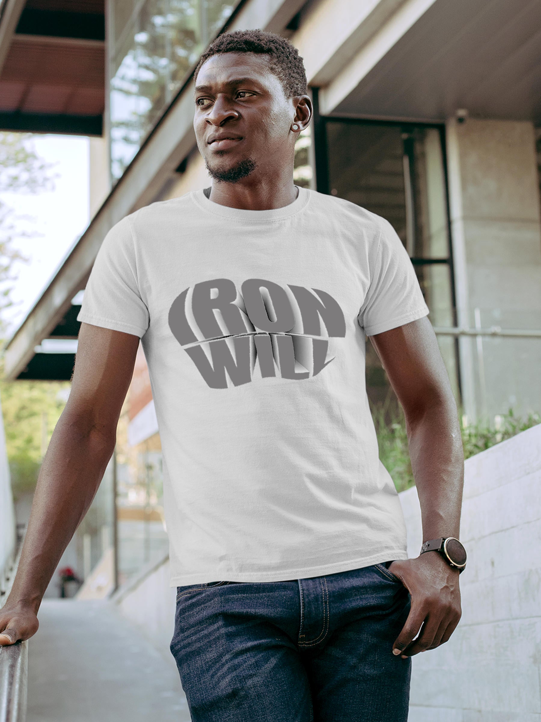 Model wearing Men's White Round Neck T-shirt with 'Iron Will' design, offering effortless style and premium comfort