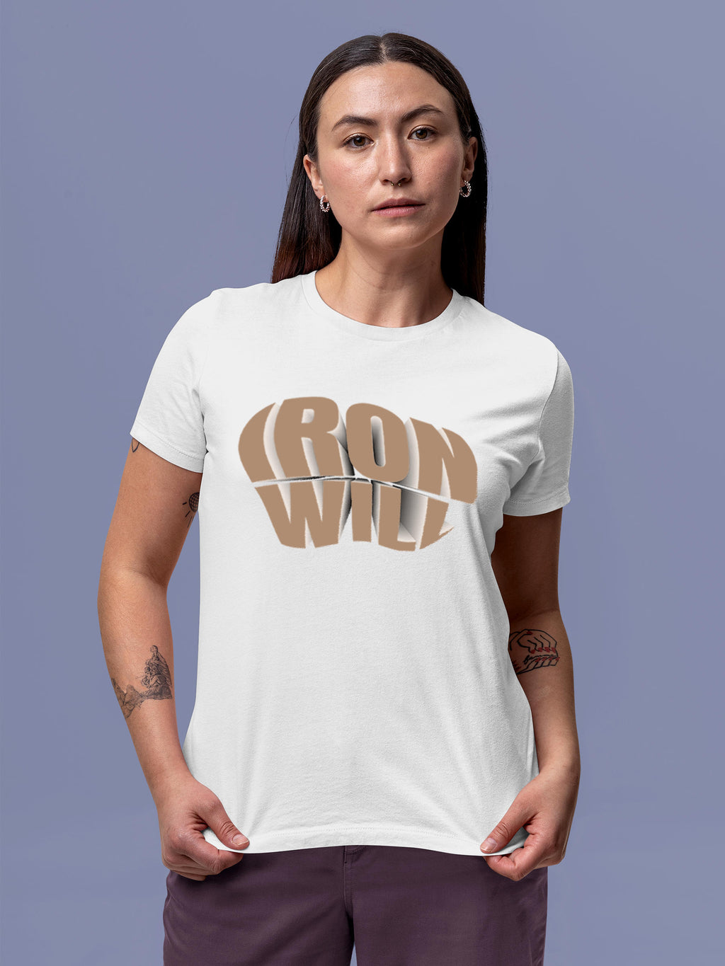 Model wearing Women's White Round Neck T-shirt with 'Iron Will' design, offering effortless style and premium comfort
