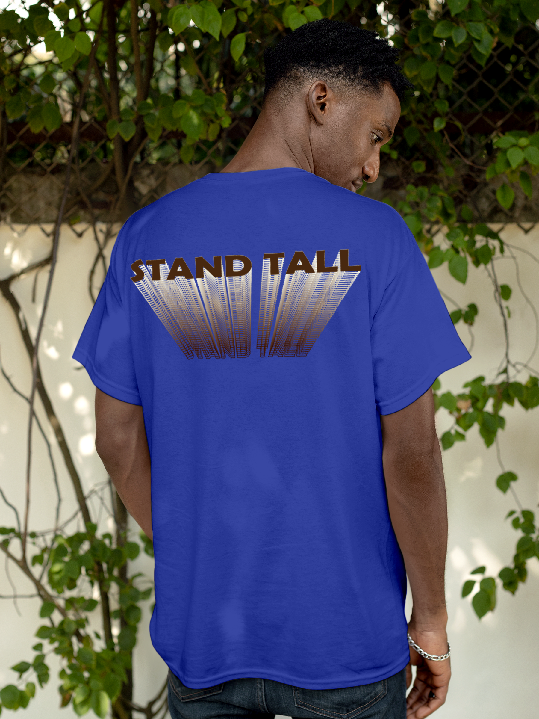 Fighterhero T-shirts: Model wearing Men's Blue Round Neck T-shirt with 'Stand Tall' design