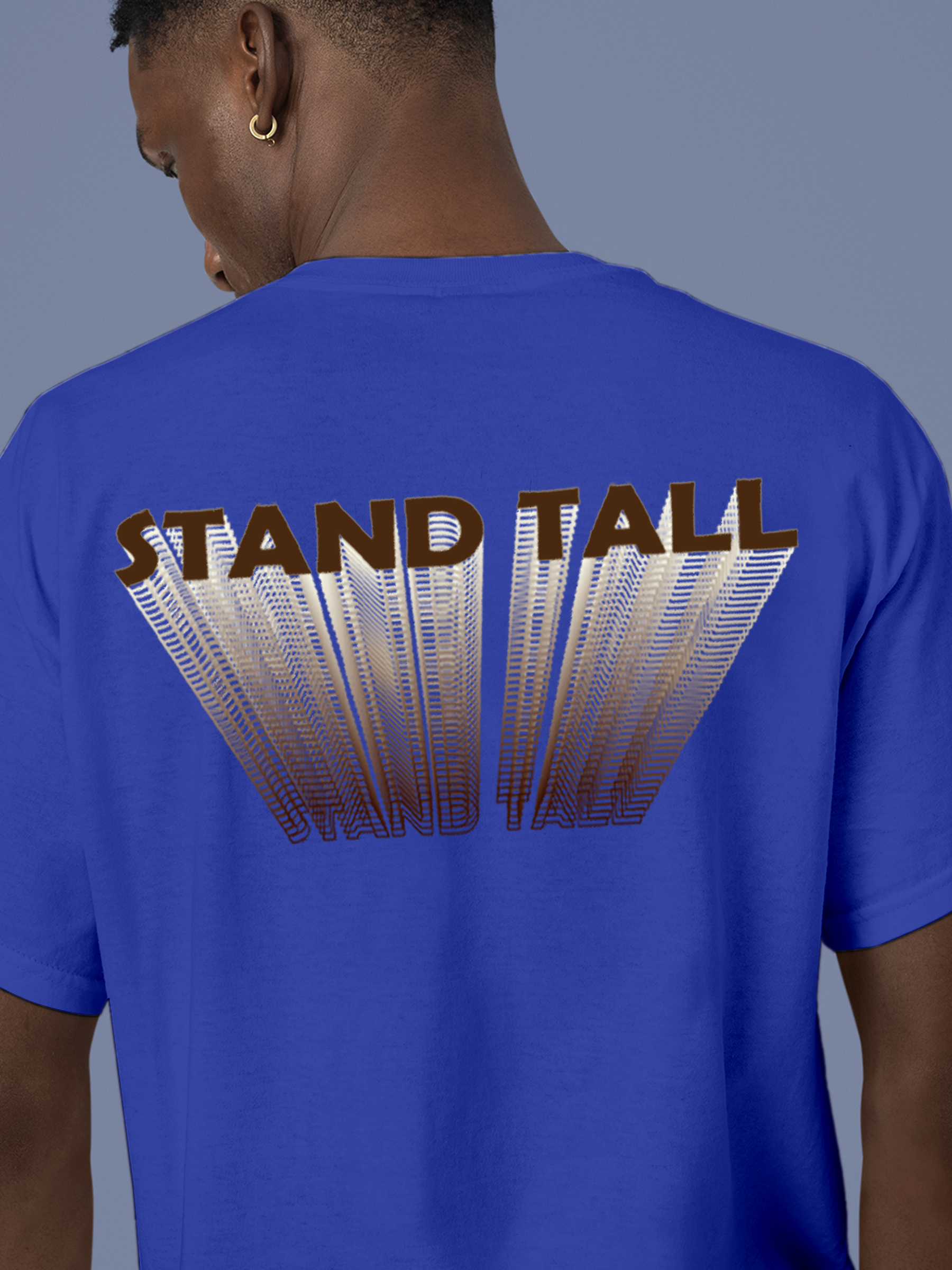 Close up of 'Stand Tall' design on Men's Blue Round Neck T-shirt, highlighting intricate details and vibrant print.