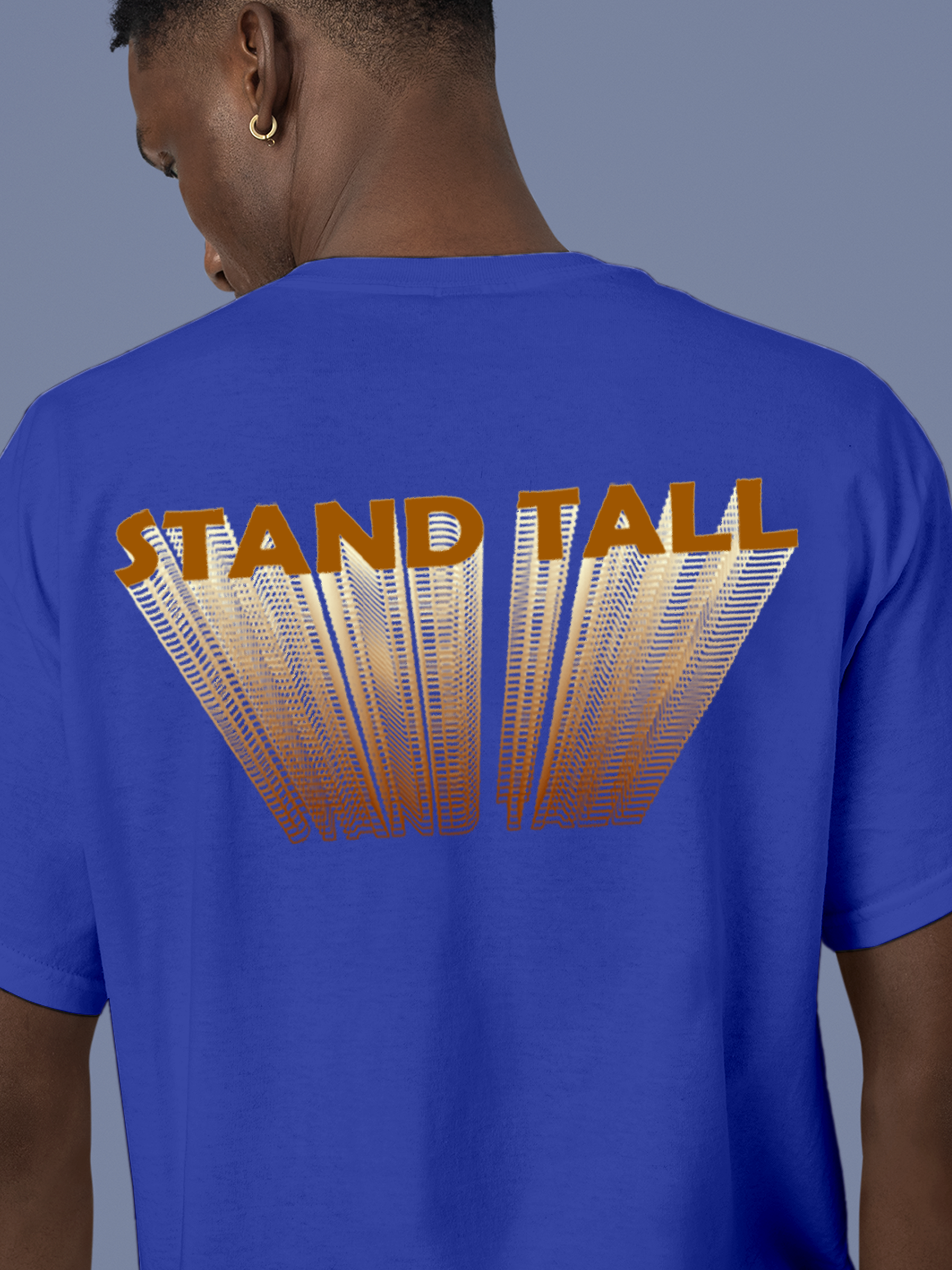 Close up of 'Stand Tall' design on Men's Blue Round Neck T-shirt, highlighting intricate details and vibrant print.