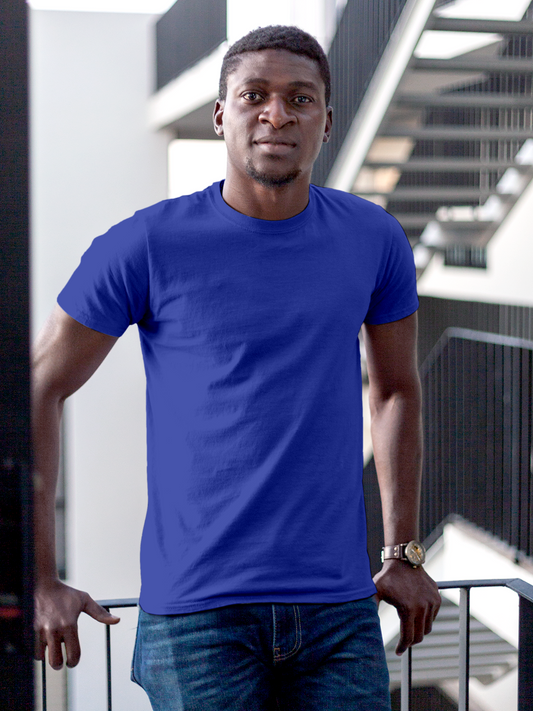 Front view of Fighterhero Men's Blue Round Neck T-shirt, highlighting the modern look and clean finish