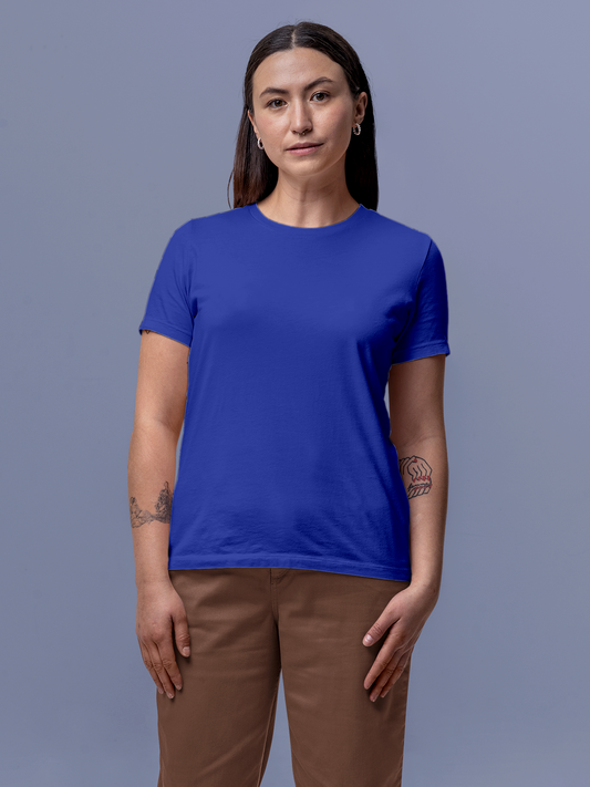 Front view of Fighterhero Women's Blue Round Neck T-shirt, highlighting the modern look and clean finish