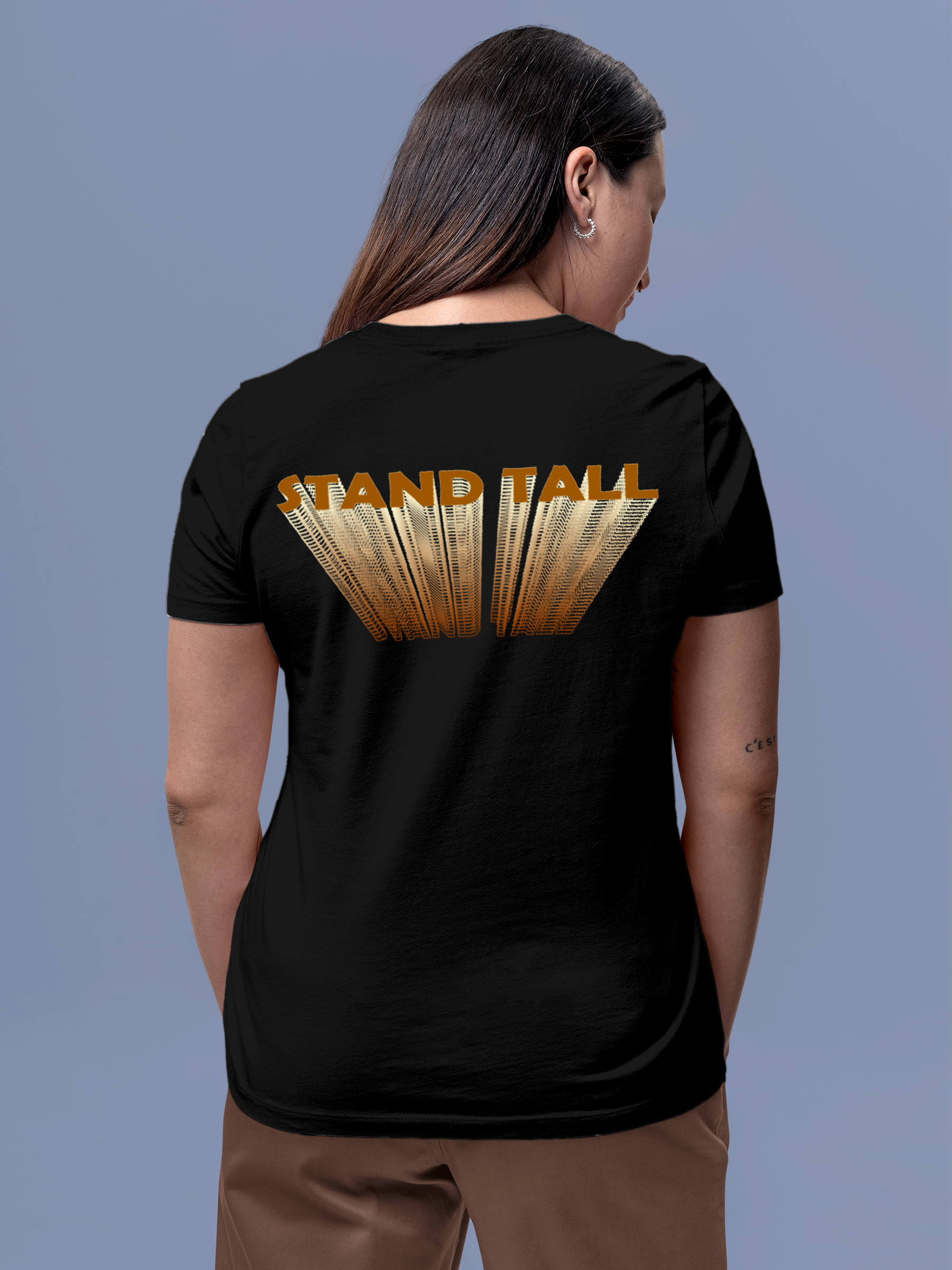 Fighterhero T-shirts: Model wearing Women's Black Round Neck T-shirt with 'Stand Tall' design