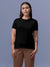 Front view of Fighterhero Women's Black Round Neck T-shirt, highlighting the modern look and clean finish