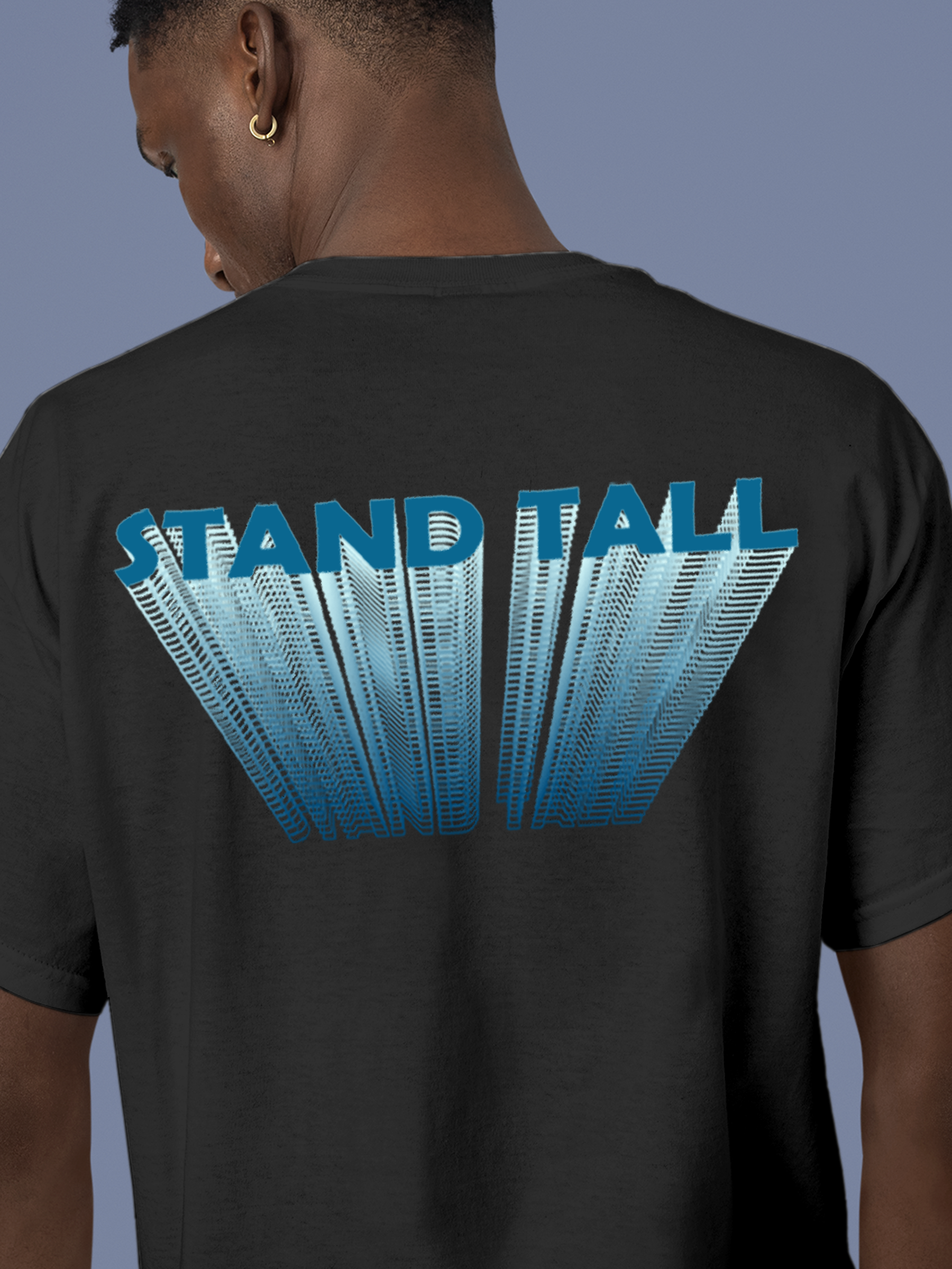 Close up of 'Stand Tall' design on Men's Dark Grey Round Neck T-shirt, highlighting intricate details and vibrant print.