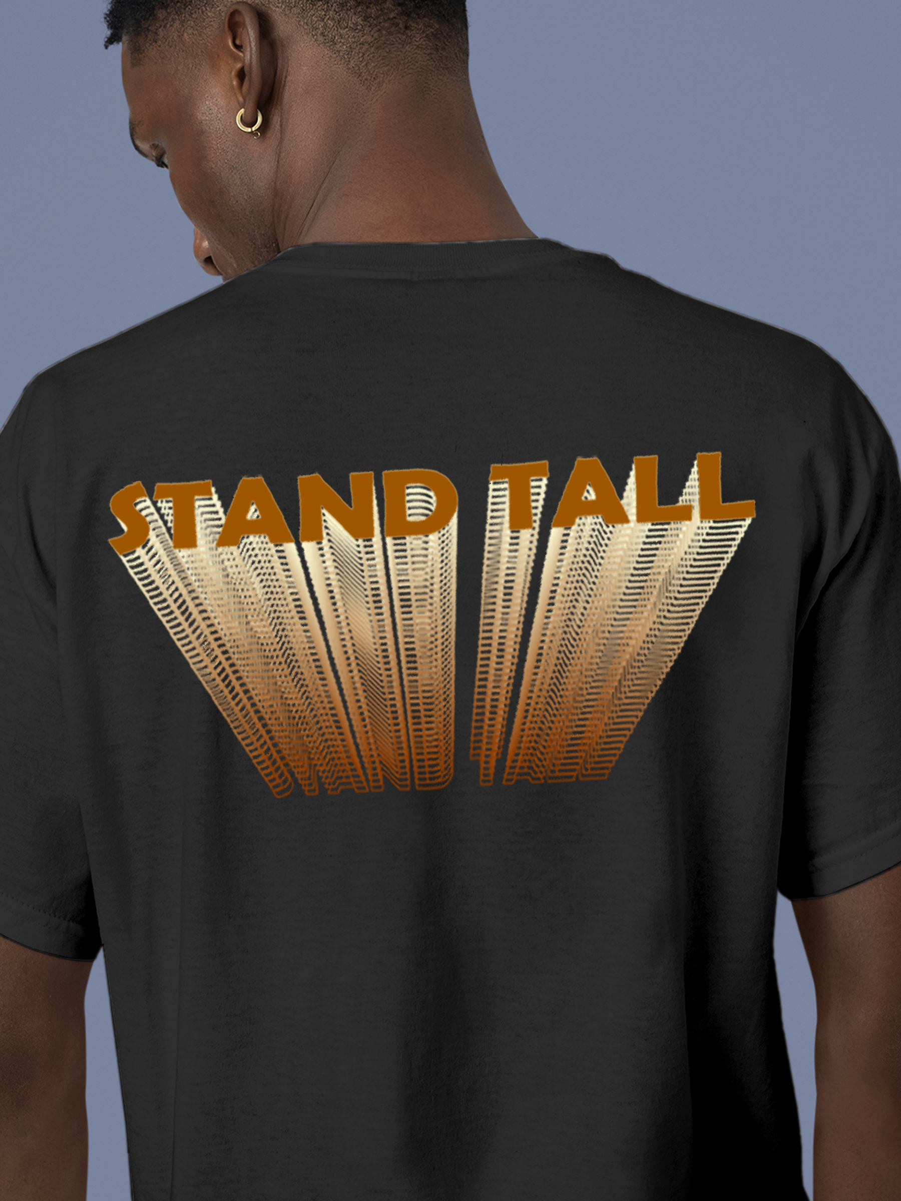 Close up of 'Stand Tall' design on Men's Dark Grey Round Neck T-shirt, highlighting intricate details and vibrant print.