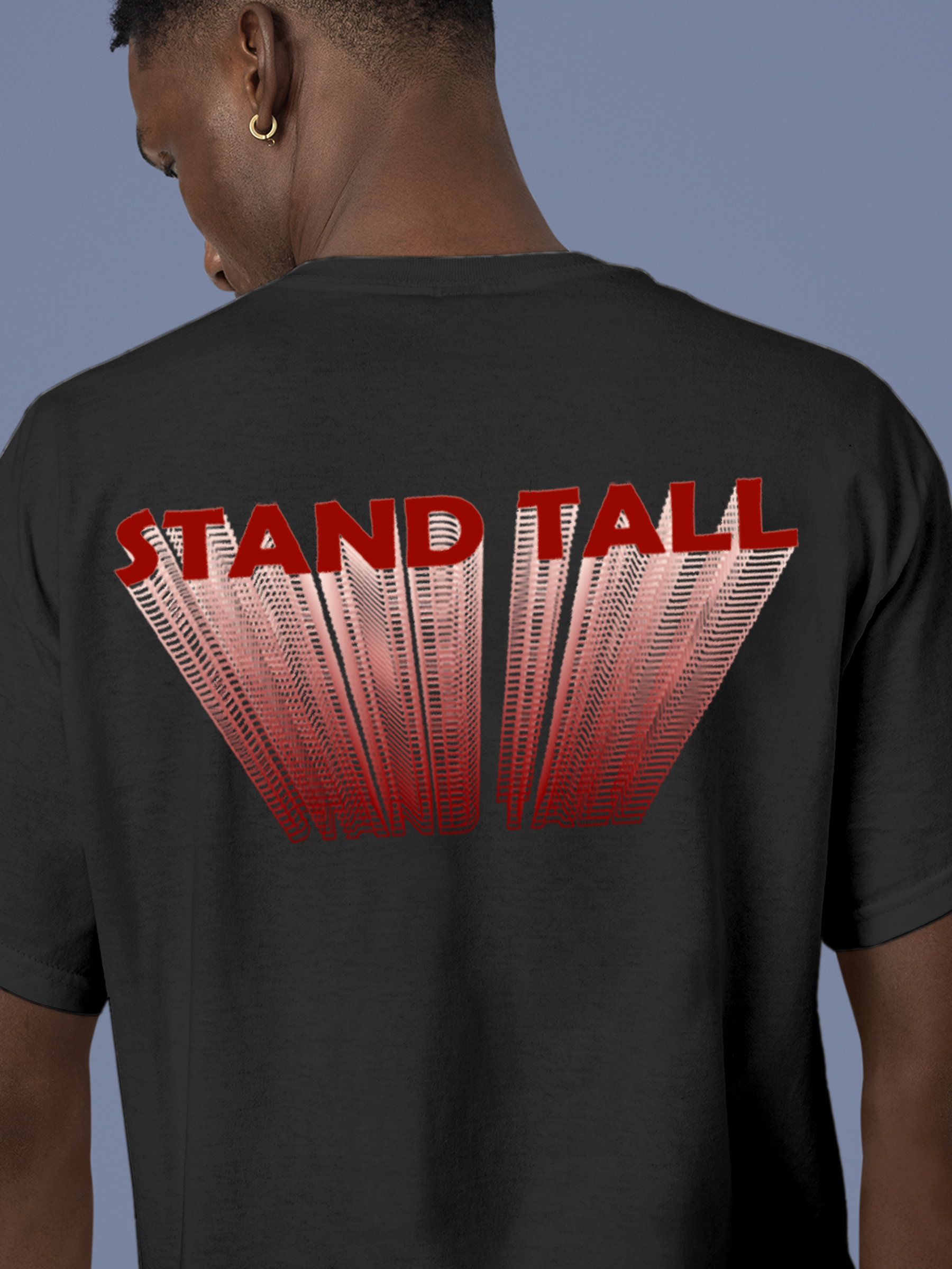 Close up of 'Stand Tall' design on Men's Dark Grey Round Neck T-shirt, highlighting intricate details and vibrant print.