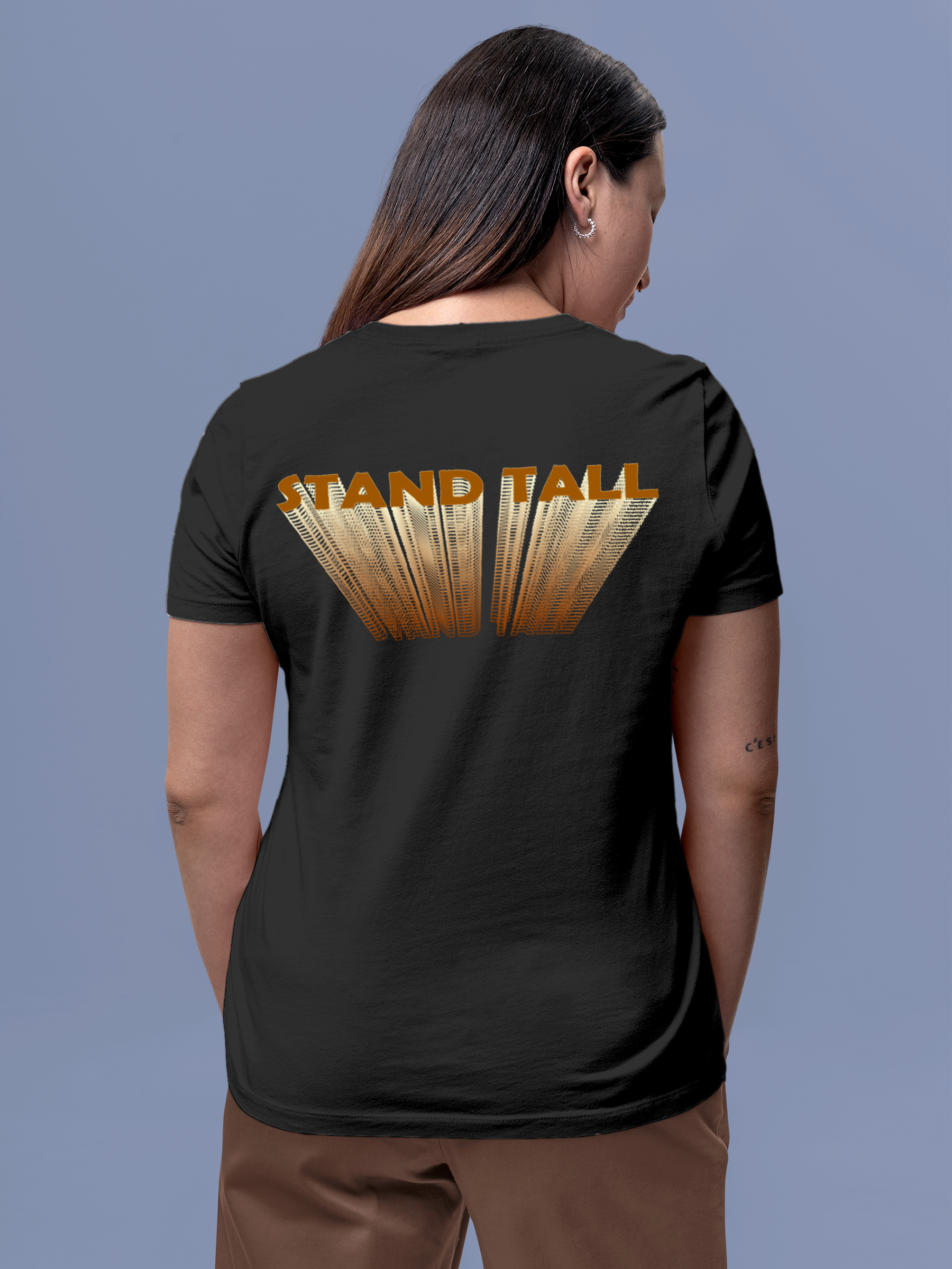 Fighterhero T-shirts: Model wearing Women's Dark Grey Round Neck T-shirt with 'Stand Tall' design