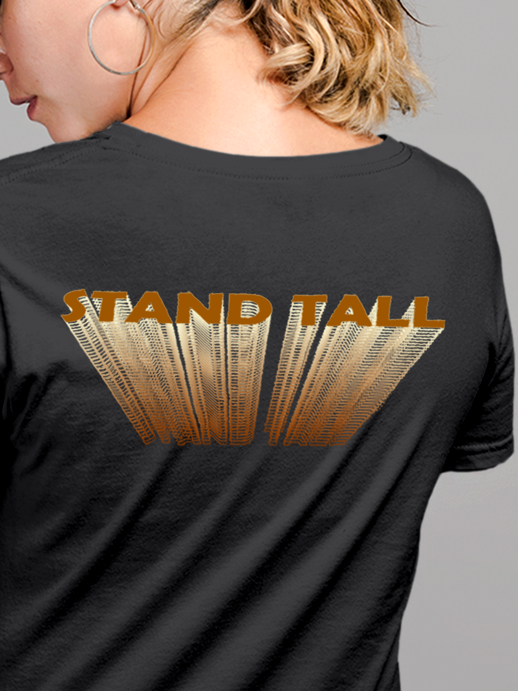 Close up of 'Stand Tall' design on Women's Dark Grey Round Neck T-shirt, highlighting intricate details and vibrant print.