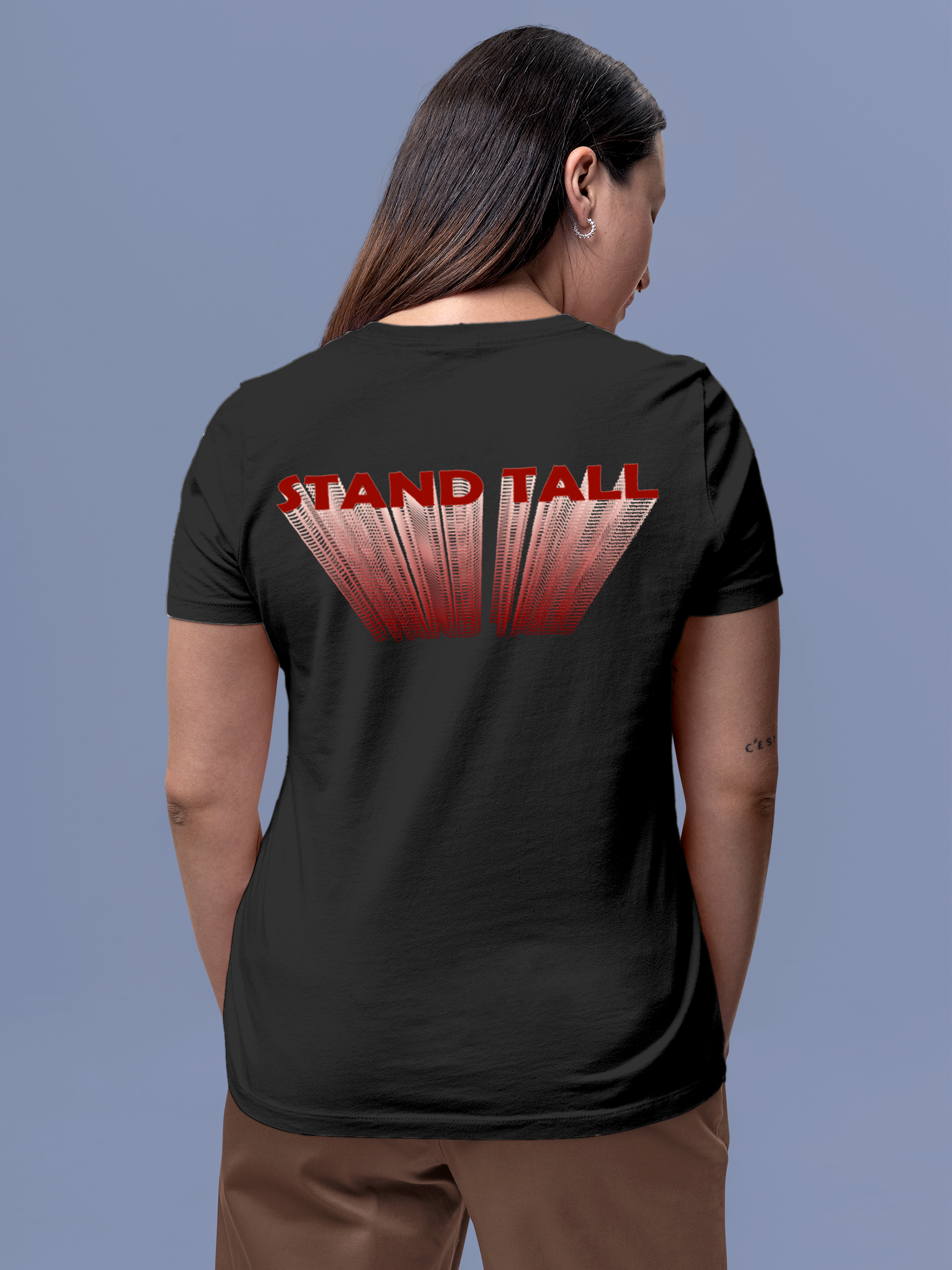 Model wearing Women's Dark Grey Round Neck T-shirt with 'Stand Tall' design, offering effortless style and premium comfort