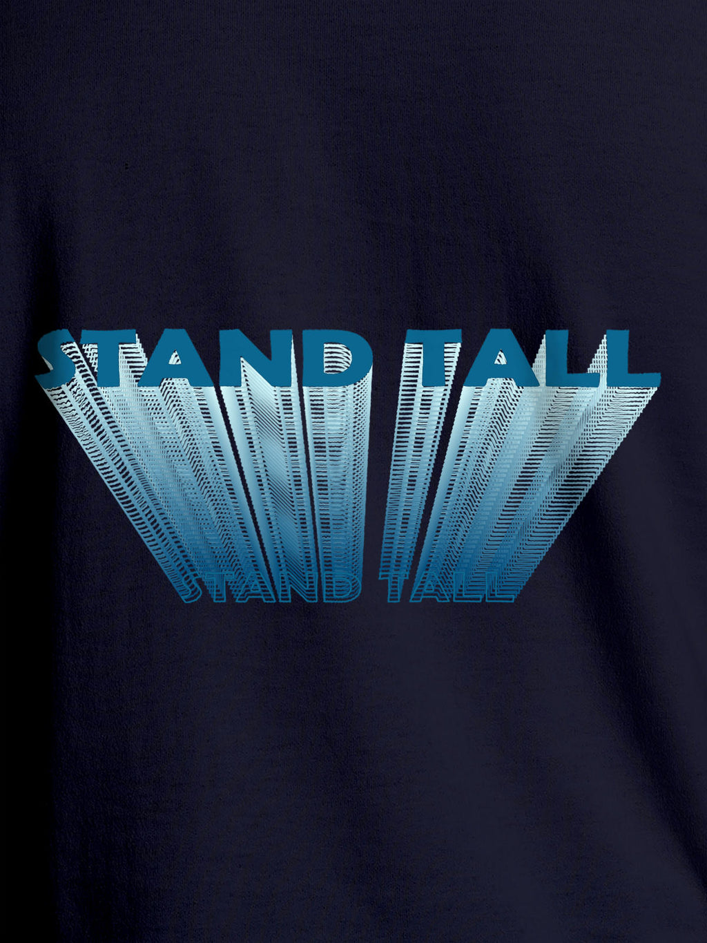 Close up of 'Stand Tall' design on Men's Navy Blue Round Neck T-shirt, highlighting intricate details and vibrant print.