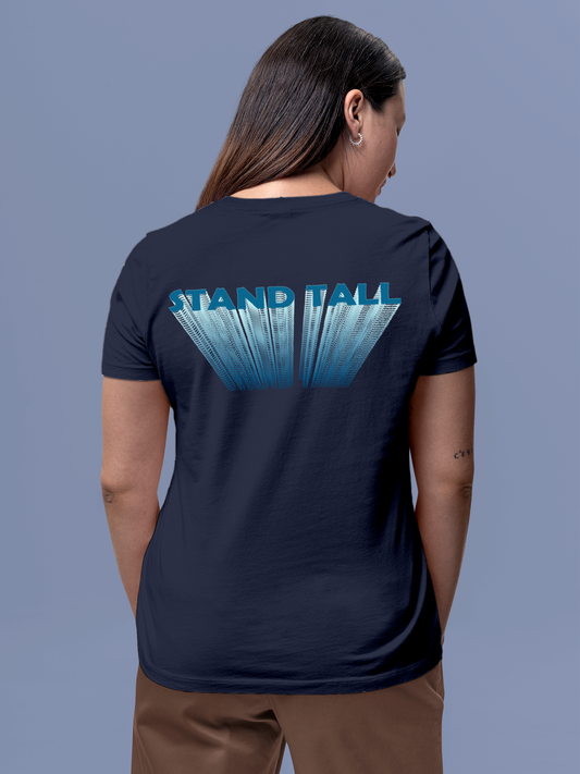 Fighterhero T-shirts: Model wearing Women's Navy Blue Round Neck T-shirt with 'Stand Tall' design