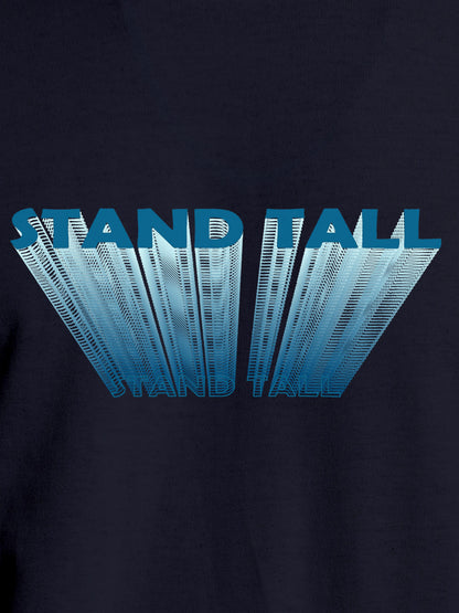 Close up of 'Stand Tall' design on Women's Navy Blue Round Neck T-shirt, highlighting intricate details and vibrant print.