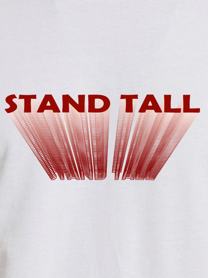 Close up of 'Stand Tall' design on Women's White Round Neck T-shirt, highlighting intricate details and vibrant print.