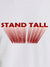 Close up of 'Stand Tall' design on Women's White Round Neck T-shirt, highlighting intricate details and vibrant print.