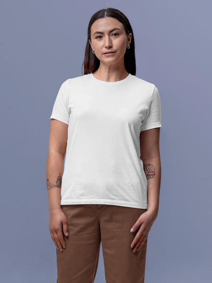 Front view of Fighterhero Women's White Round Neck T-shirt, highlighting the modern look and clean finish