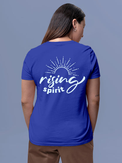 Model wearing Women's Blue Round Neck T-shirt with 'Rising Spirit' design, offering effortless style and premium comfort