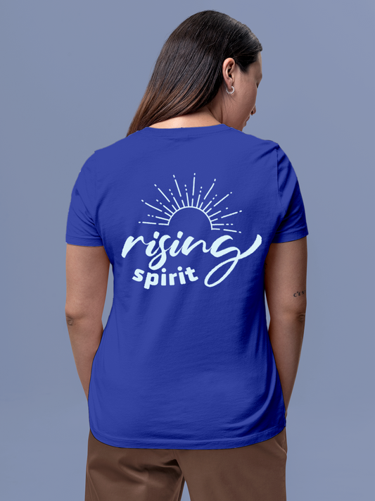Fighterhero T-shirts: Model wearing Women's Blue Round Neck T-shirt with 'Rising Spirit' design