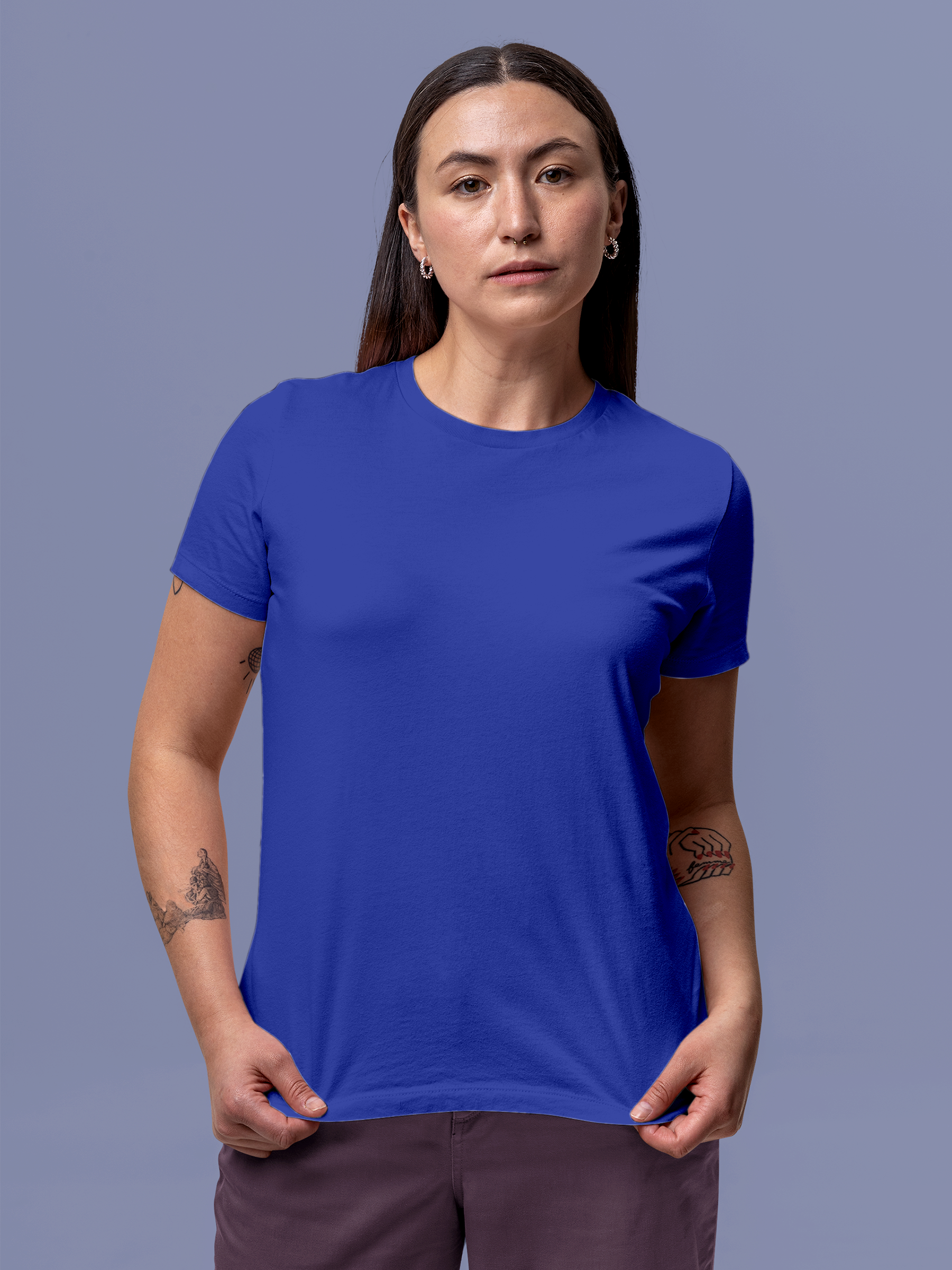 Front view of Fighterhero Women's Blue Round Neck T-shirt, highlighting the modern look and clean finish