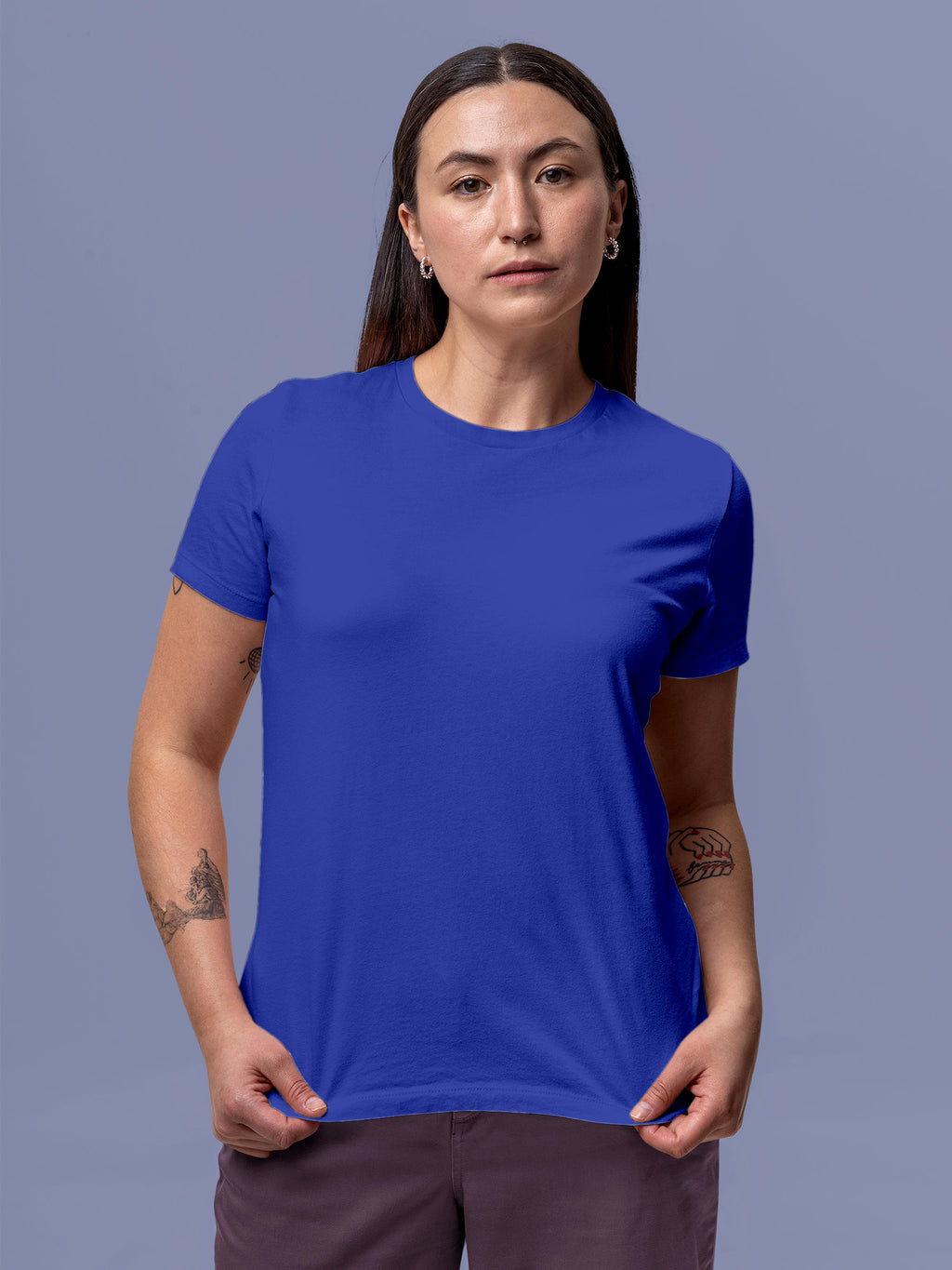 Front view of Fighterhero Women's Blue Round Neck T-shirt, highlighting the modern look and clean finish