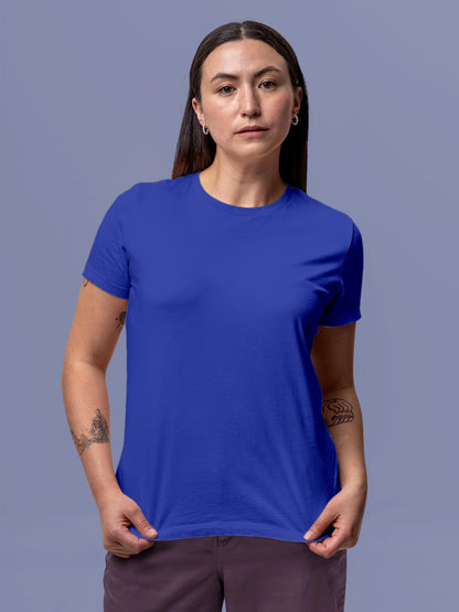 Front view of Fighterhero Women's Blue Round Neck T-shirt, highlighting the modern look and clean finish