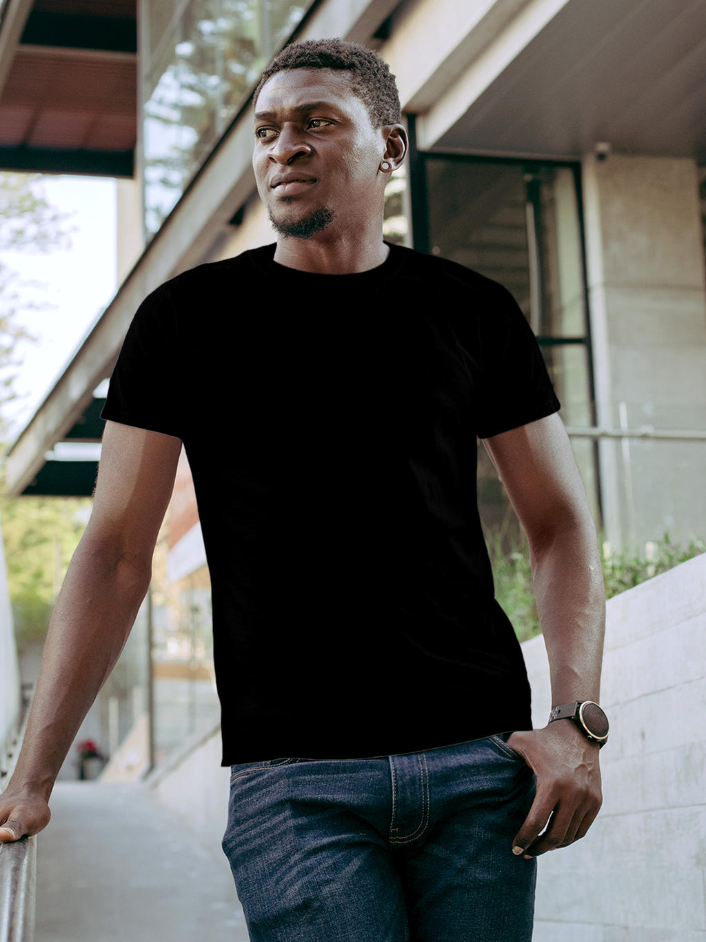 Front view of Fighterhero Men's Black Round Neck T-shirt, highlighting the modern look and clean finish