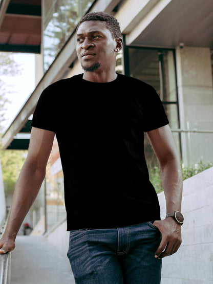 Front view of Fighterhero Men's Black Round Neck T-shirt, highlighting the modern look and clean finish