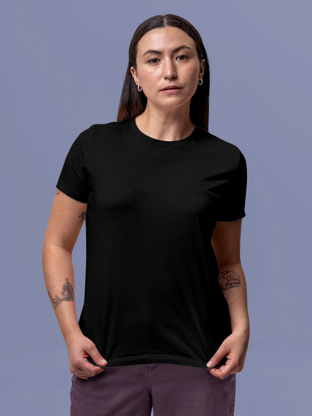 Front view of Fighterhero Women's Black Round Neck T-shirt, highlighting the modern look and clean finish
