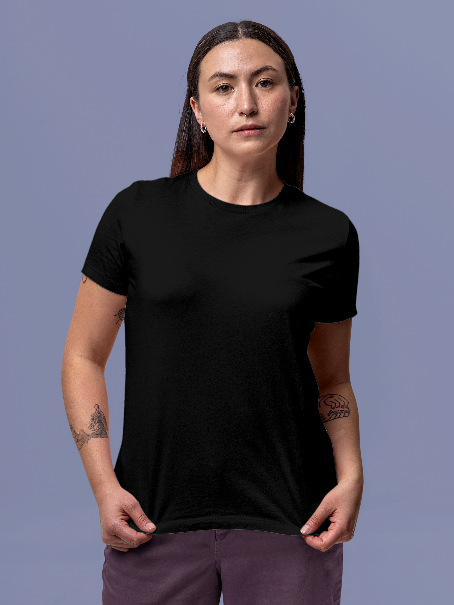 Front view of Fighterhero Women's Black Round Neck T-shirt, highlighting the modern look and clean finish
