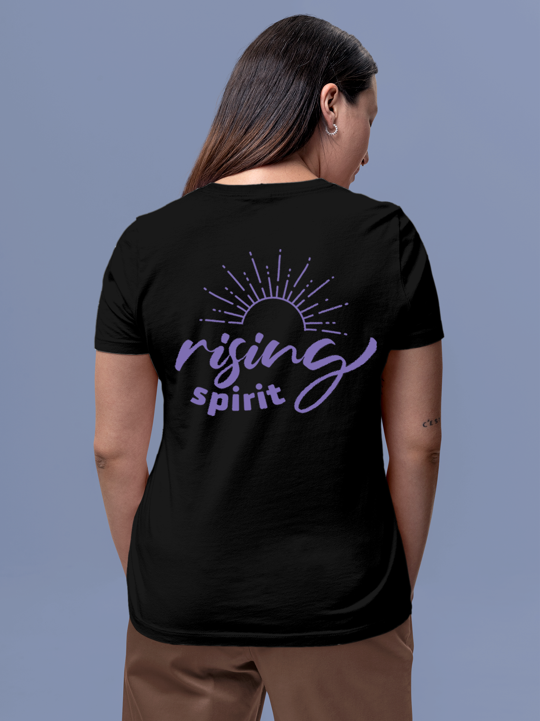 Fighterhero T-shirts: Model wearing Women's Black Round Neck T-shirt with 'Rising Spirit' design