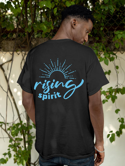 Model wearing Men's Dark Grey Round Neck T-shirt with 'Rising Spirit' design, offering effortless style and premium comfort