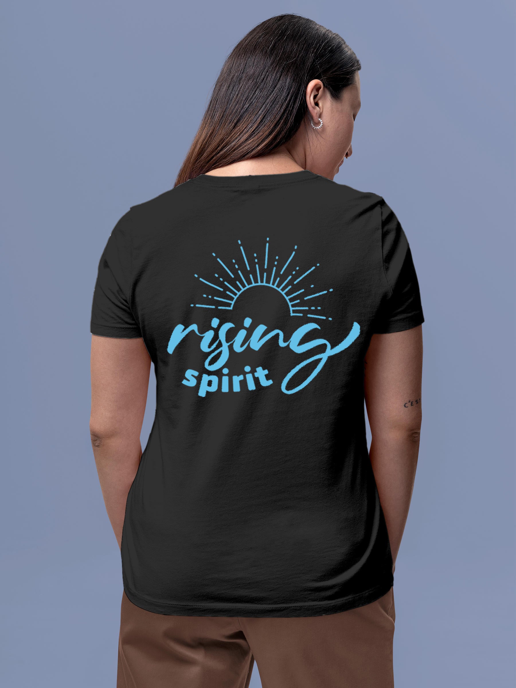 Model wearing Women's Dark Grey Round Neck T-shirt with 'Rising Spirit' design, offering effortless style and premium comfort