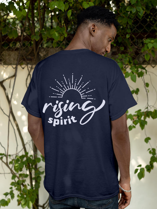 Model wearing Men's Navy Blue Round Neck T-shirt with 'Rising Spirit' design, offering effortless style and premium comfort