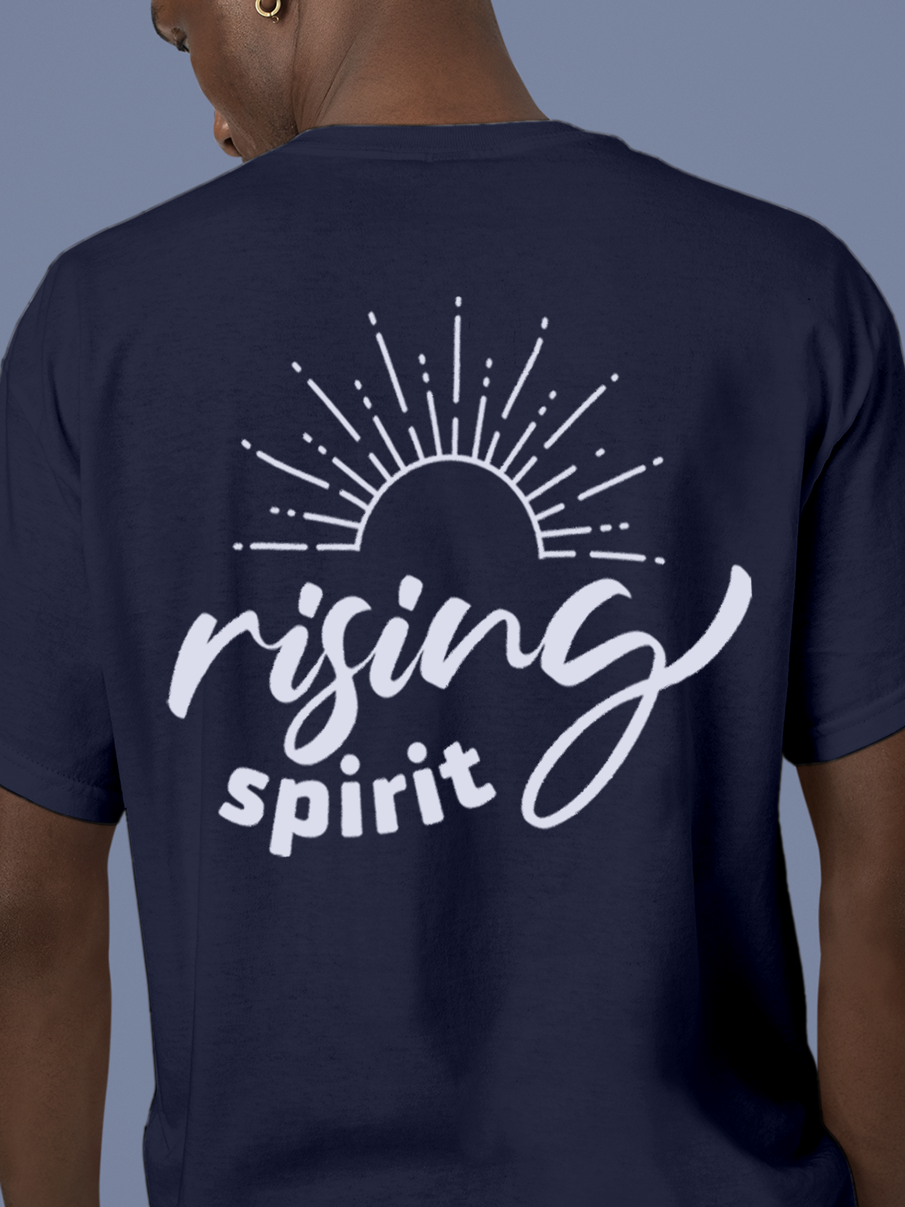 Close up of 'Rising Spirit' design on Men's Navy Blue Round Neck T-shirt, highlighting intricate details and vibrant print.