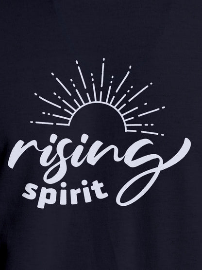 Close up of 'Rising Spirit' design on Men's Navy Blue Round Neck T-shirt, highlighting intricate details and vibrant print.