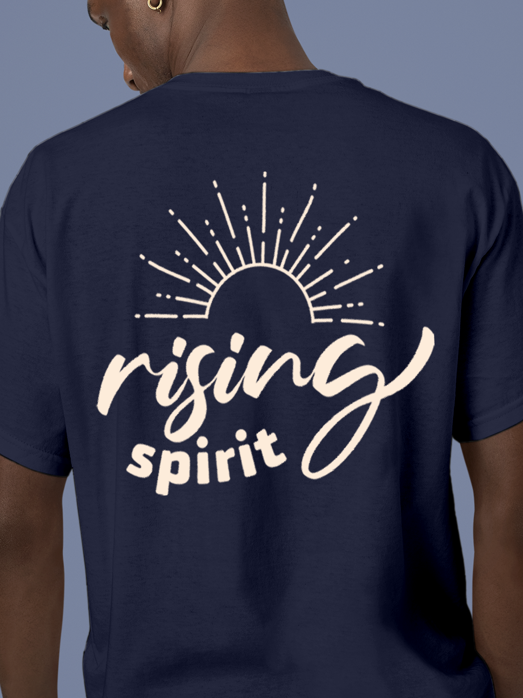 Close up of 'Rising Spirit' design on Men's Navy Blue Round Neck T-shirt, highlighting intricate details and vibrant print.