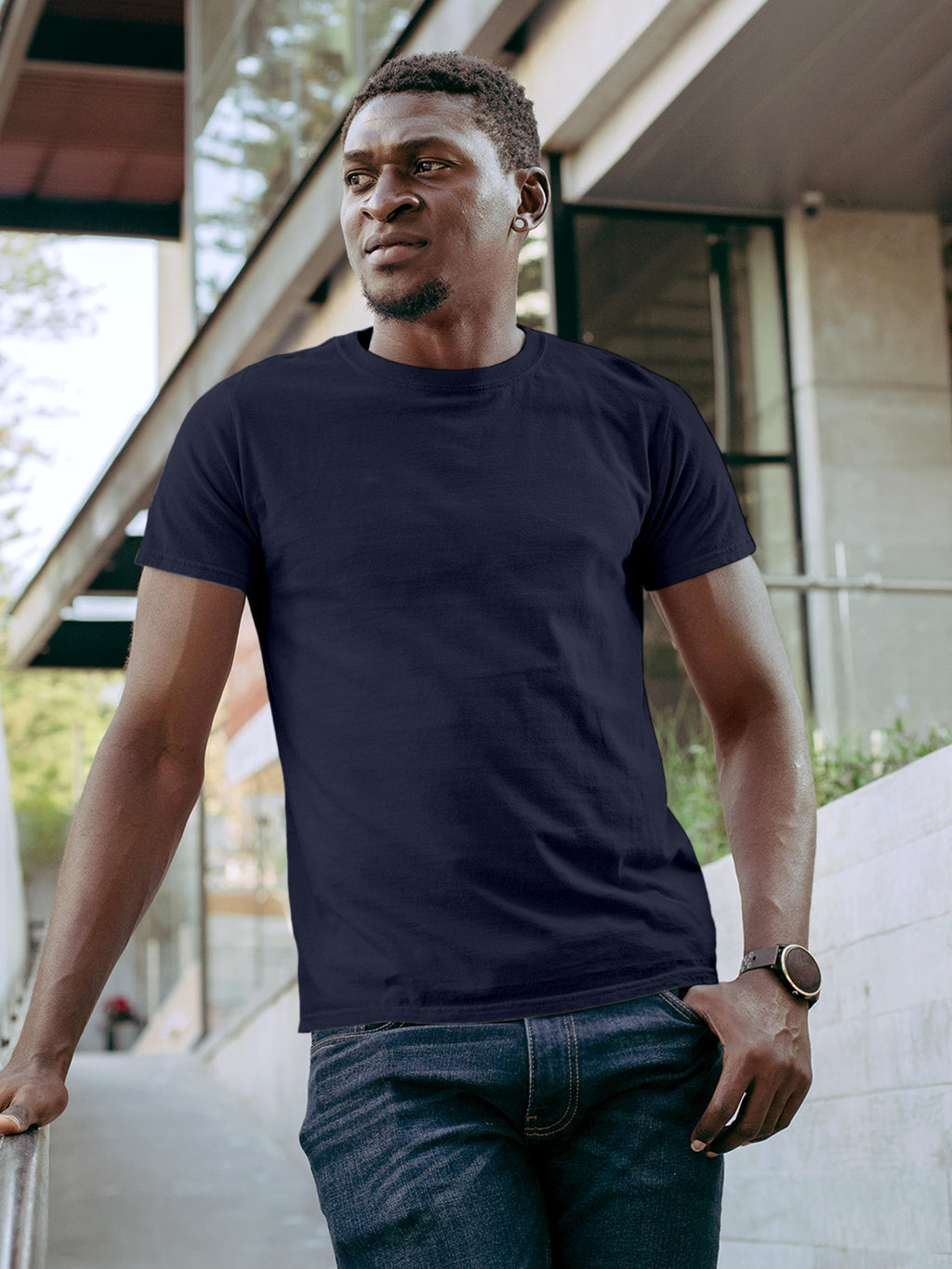 Front view of Fighterhero Men's Navy Blue Round Neck T-shirt, highlighting the modern look and clean finish