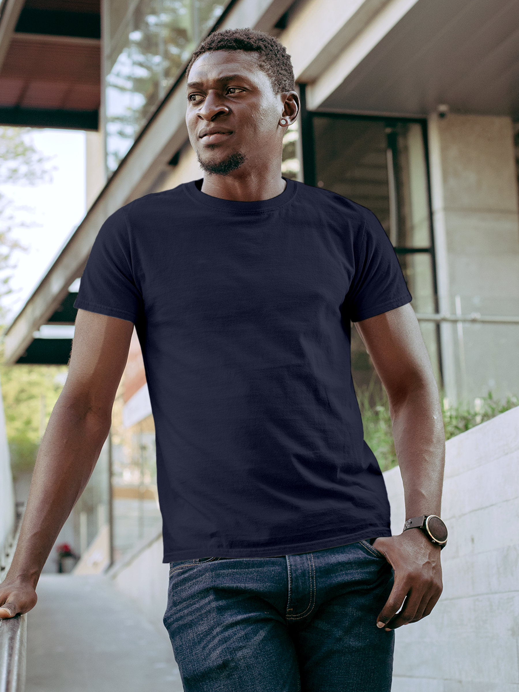 Front view of Fighterhero Men's Navy Blue Round Neck T-shirt, highlighting the modern look and clean finish