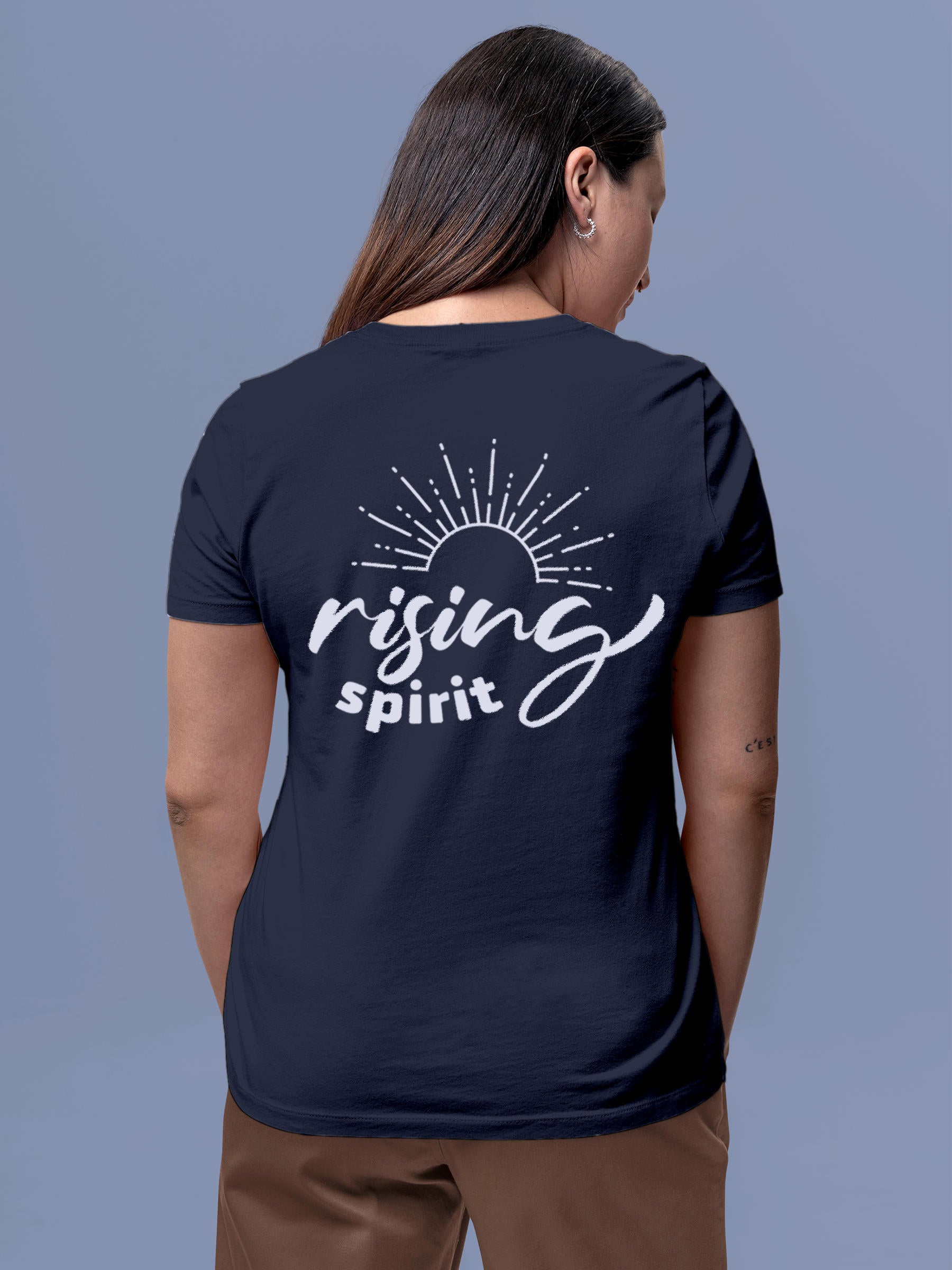 Model wearing Women's Navy Blue Round Neck T-shirt with 'Rising Spirit' design, offering effortless style and premium comfort