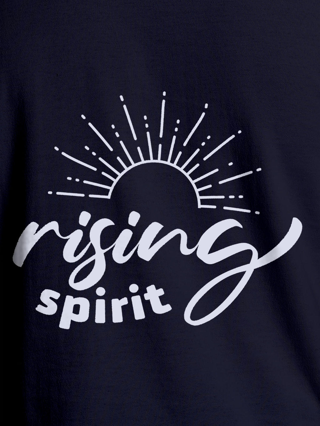 Close up of 'Rising Spirit' design on Women's Navy Blue Round Neck T-shirt, highlighting intricate details and vibrant print.