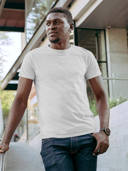 Front view of Fighterhero Men's White Round Neck T-shirt, highlighting the modern look and clean finish