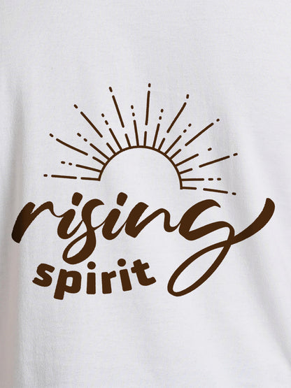 Close up of 'Rising Spirit' design on Women's White Round Neck T-shirt, highlighting intricate details and vibrant print.
