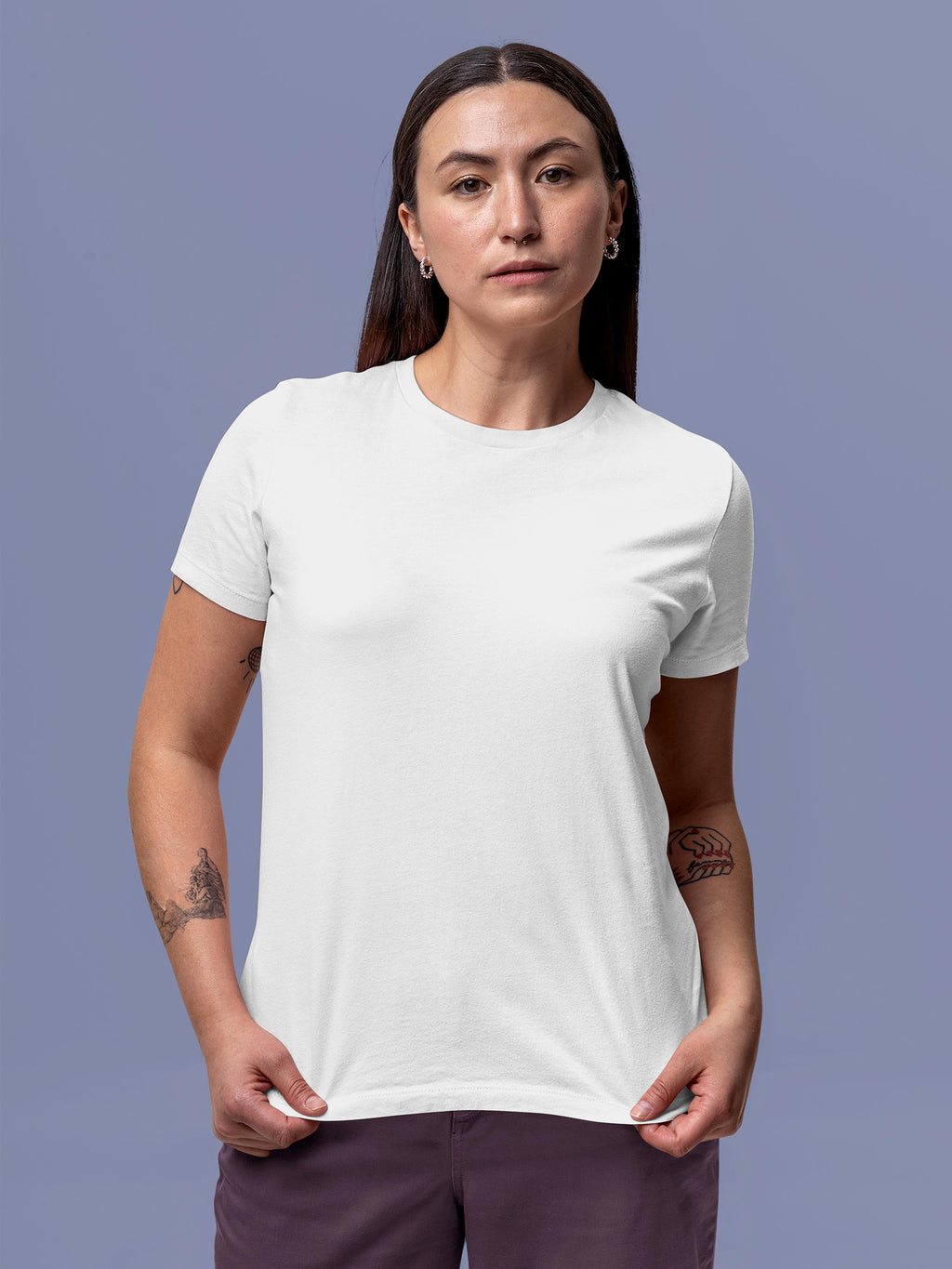 Front view of Fighterhero Women's White Round Neck T-shirt, highlighting the modern look and clean finish