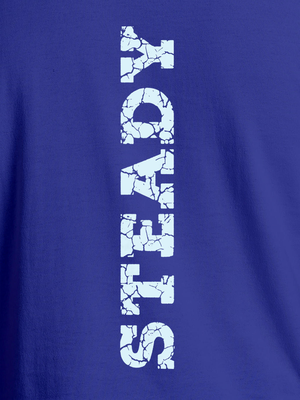 Close up of 'Steady' design on Men's Blue Round Neck T-shirt, highlighting intricate details and vibrant print.