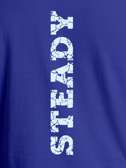 Close up of 'Steady' design on Men's Blue Round Neck T-shirt, highlighting intricate details and vibrant print.