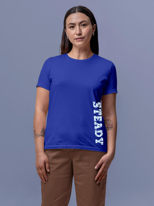 Model wearing Women's Blue Round Neck T-shirt with 'Steady' design, offering effortless style and premium comfort