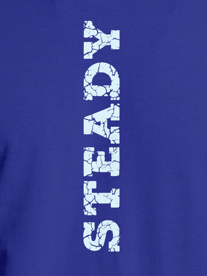Close up of 'Steady' design on Women's Blue Round Neck T-shirt, highlighting intricate details and vibrant print.