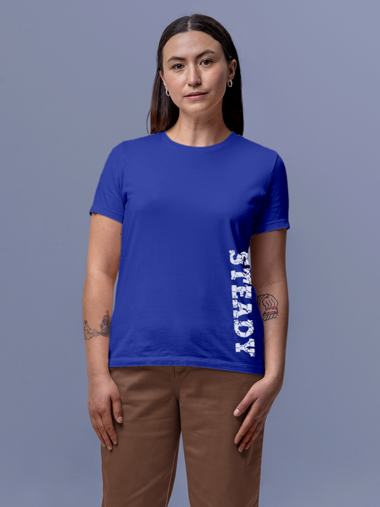 Fighterhero T-shirts: Model wearing Women's Blue Round Neck T-shirt with 'Steady' design