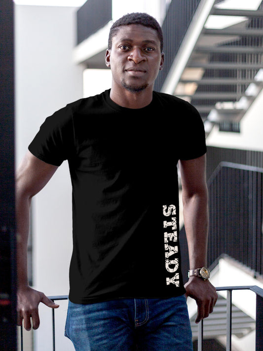 Model wearing Men's Black Round Neck T-shirt with 'Steady' design, offering effortless style and premium comfort